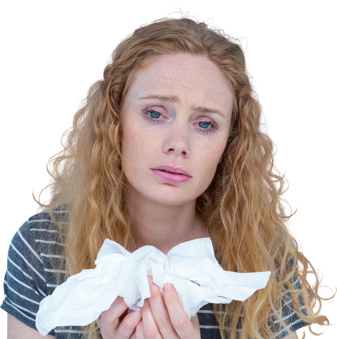 Woman with red curly hair looking tired holding tissue for allergies or cold, transparent - Download Free Stock Images Pikwizard.com