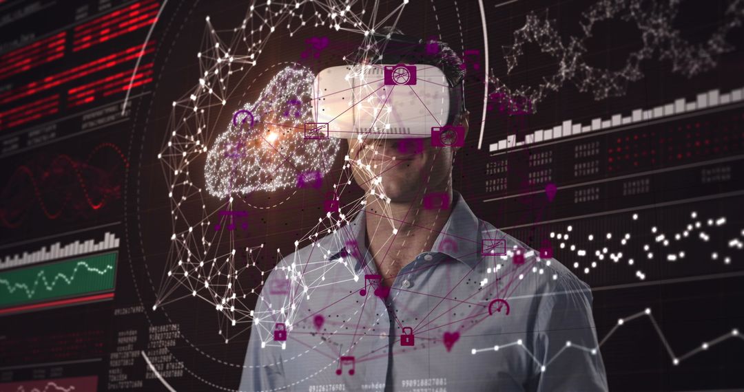 Man Wearing VR Headset with Futuristic Network Visualization