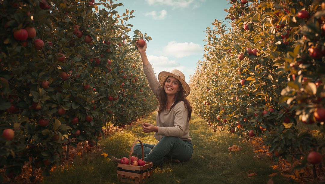 Woman Picking Apples in Golden Orchard Row Wearing Straw Hat and Smiling