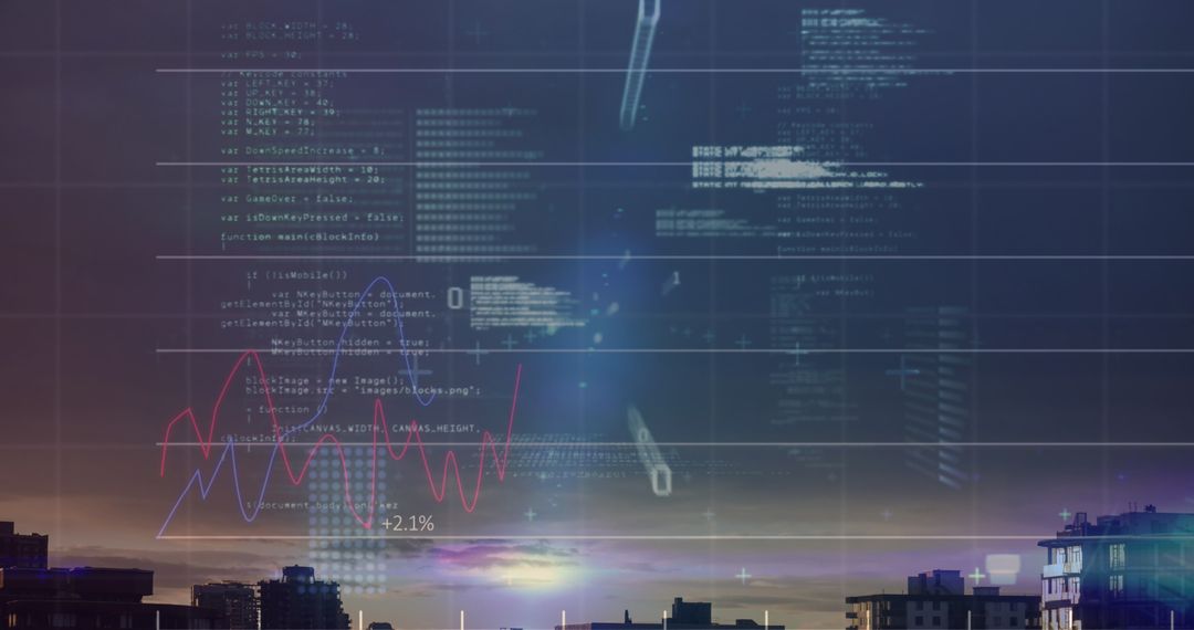 Digital Financial Data Overlay on Urban Skyline at Dusk