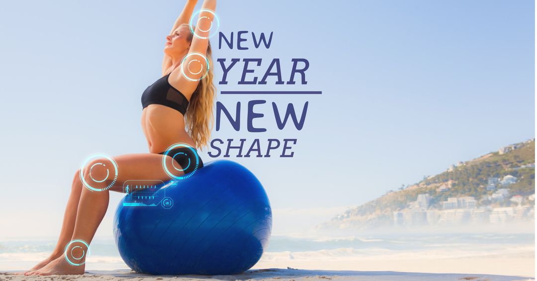 Woman exercising on beach with fitness ball for new year goals