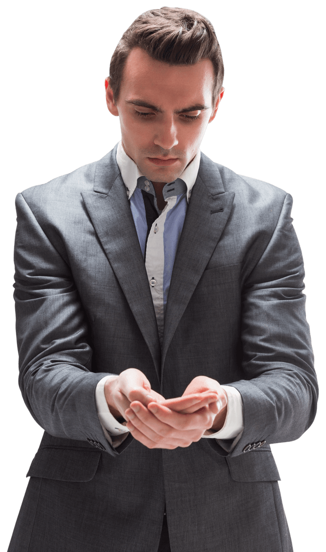 Businessman in Suit with Open Hands on Transparent Background