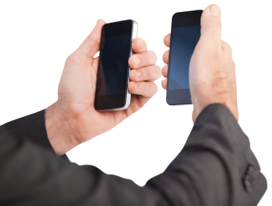 Businessman Holding Smartphones in Both Hands on Transparent Background
