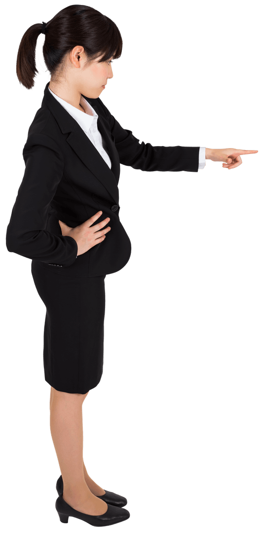 Asian Businesswoman in Formal Attire Pointing on Transparent Background