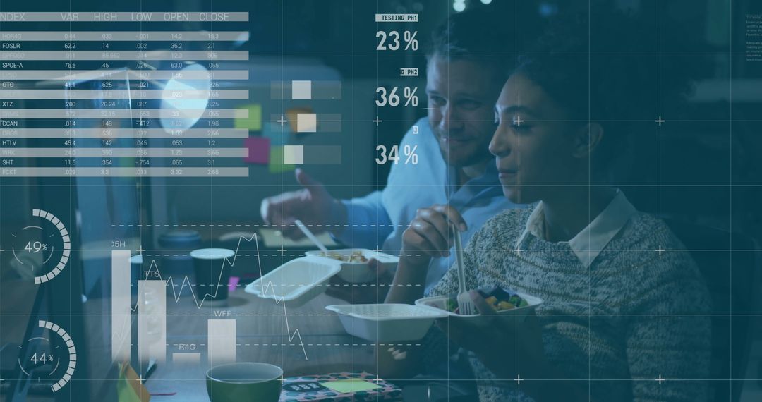 Business Team Analyzing Financial Data on Transparent Screens