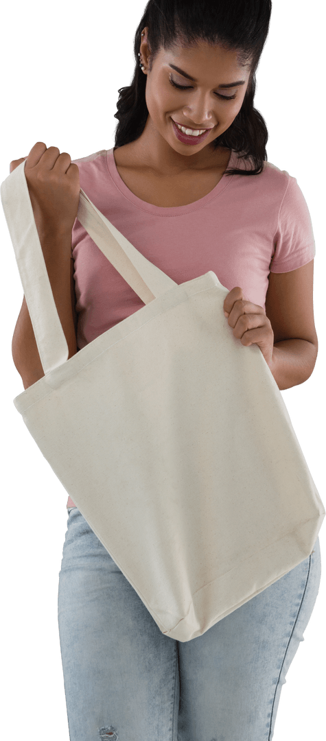 Smiling Woman Holding Reusable Canvas Shoulder Bag Transparent