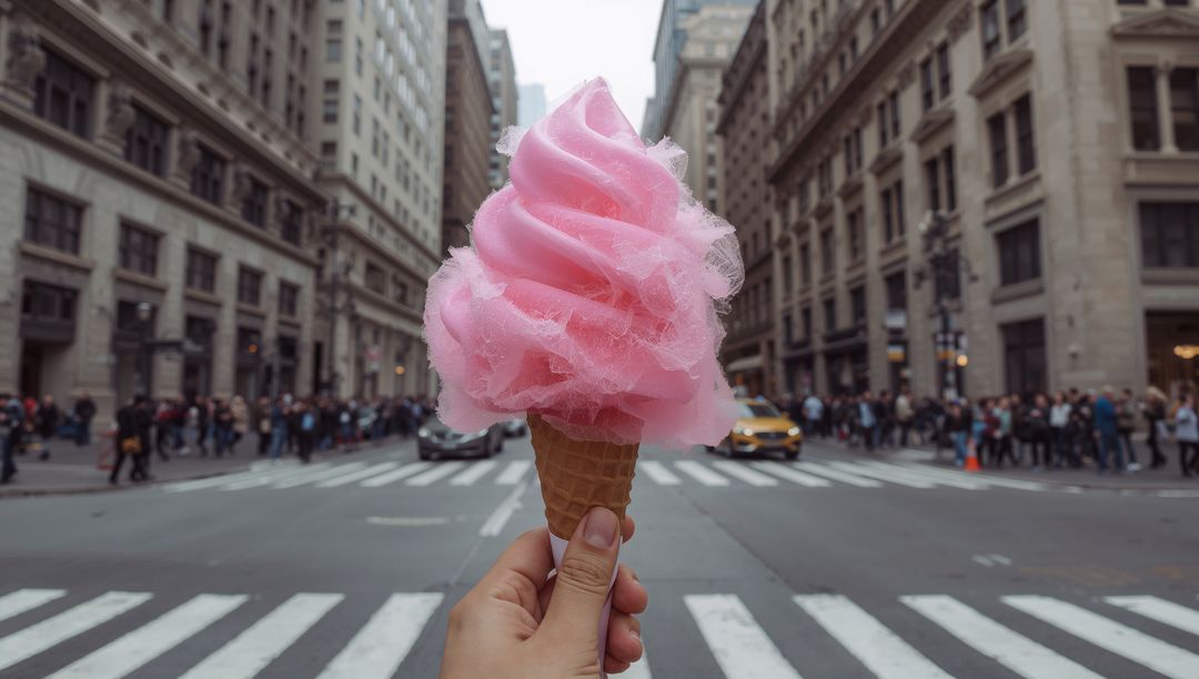 Holding Pink Cotton Candy Cone over Busy City Crosswalk with Yellow Taxi Approaching