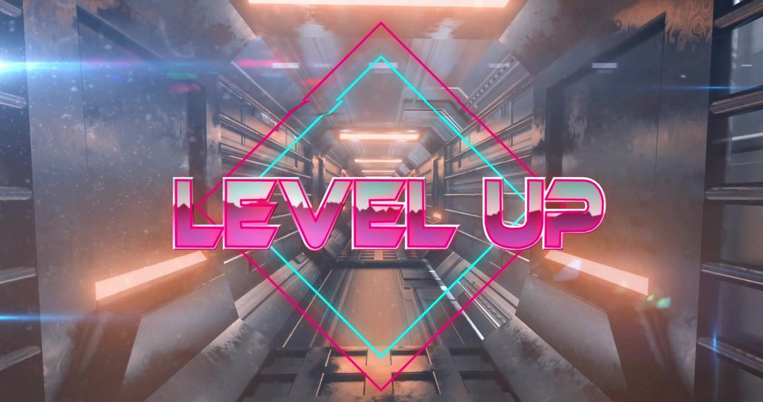 Futuristic Level Up Neon Sign in Sci-Fi Corridor