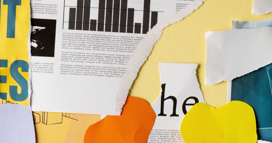 Abstract Collage of Colorful Torn Paper and Newspaper Clippings