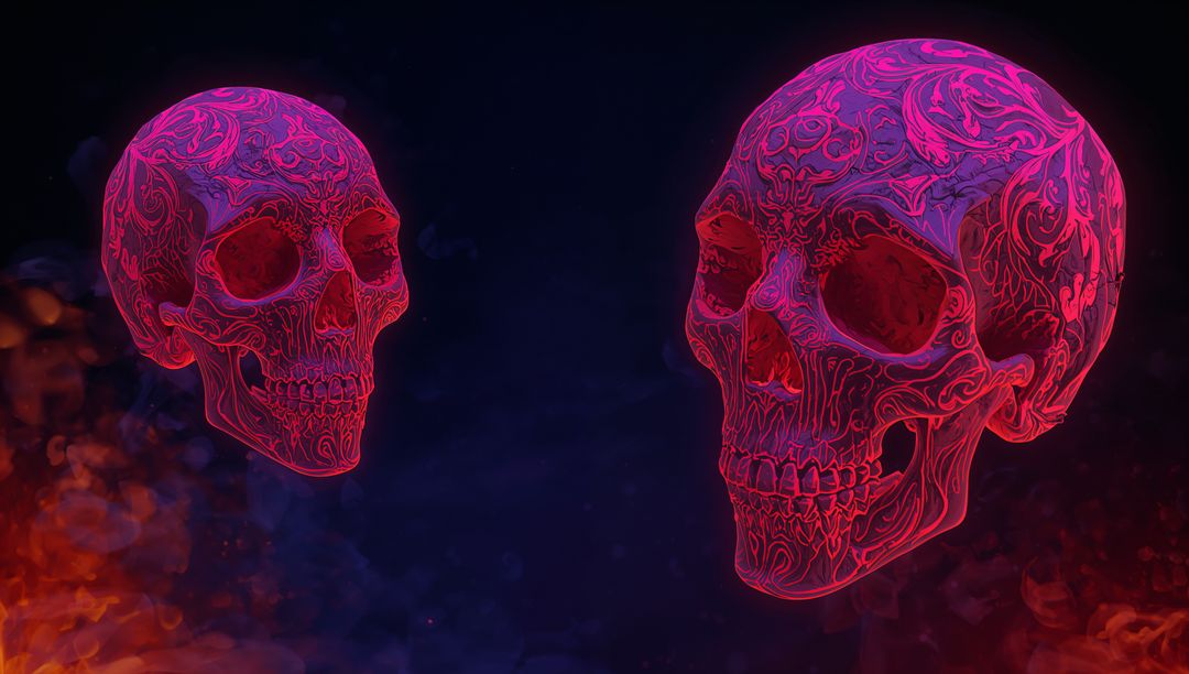 Neon Floral Skulls Floating in Digital Art Void