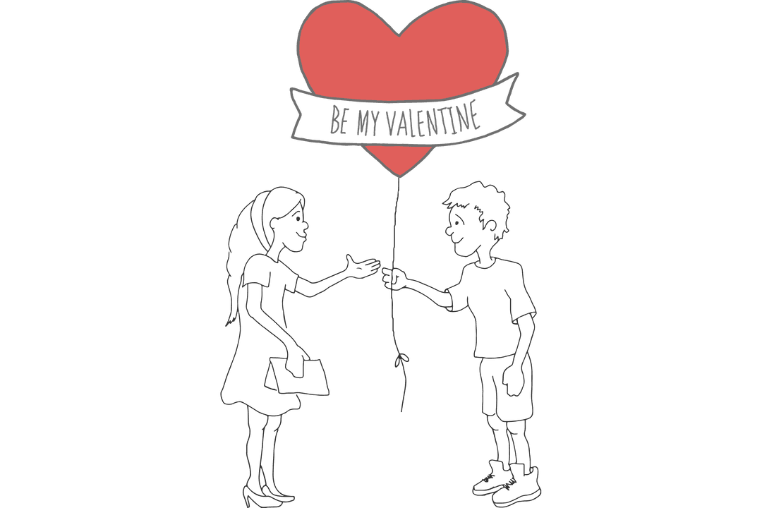 Romantic Valentine Couple with Heart Balloon on Transparent Background
