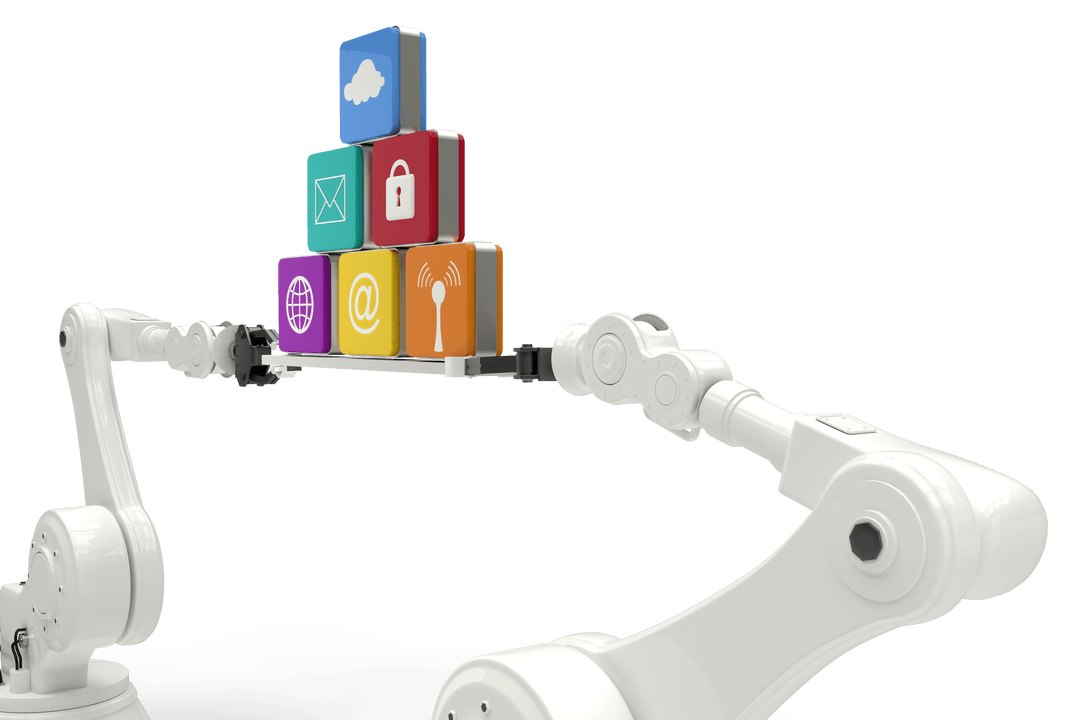 Transparent Robot Arms Lifting Digital Media Icons Illustration