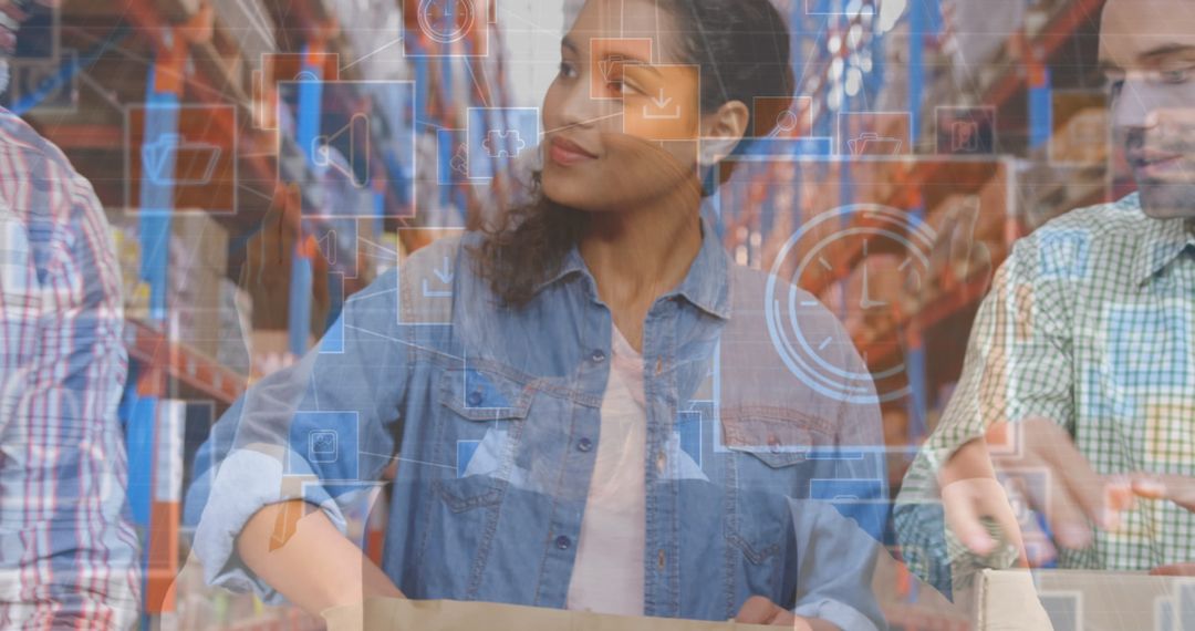Diverse Volunteers Organizing Boxes with Digital Interface Overlay