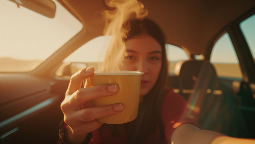Woman Holding Steaming Cup in Car at Sunset for Relaxation