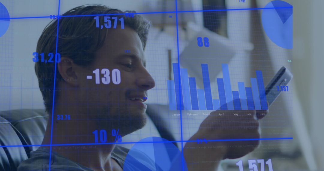 Reclining man checking finance data on smartphone with blue analytics overlay