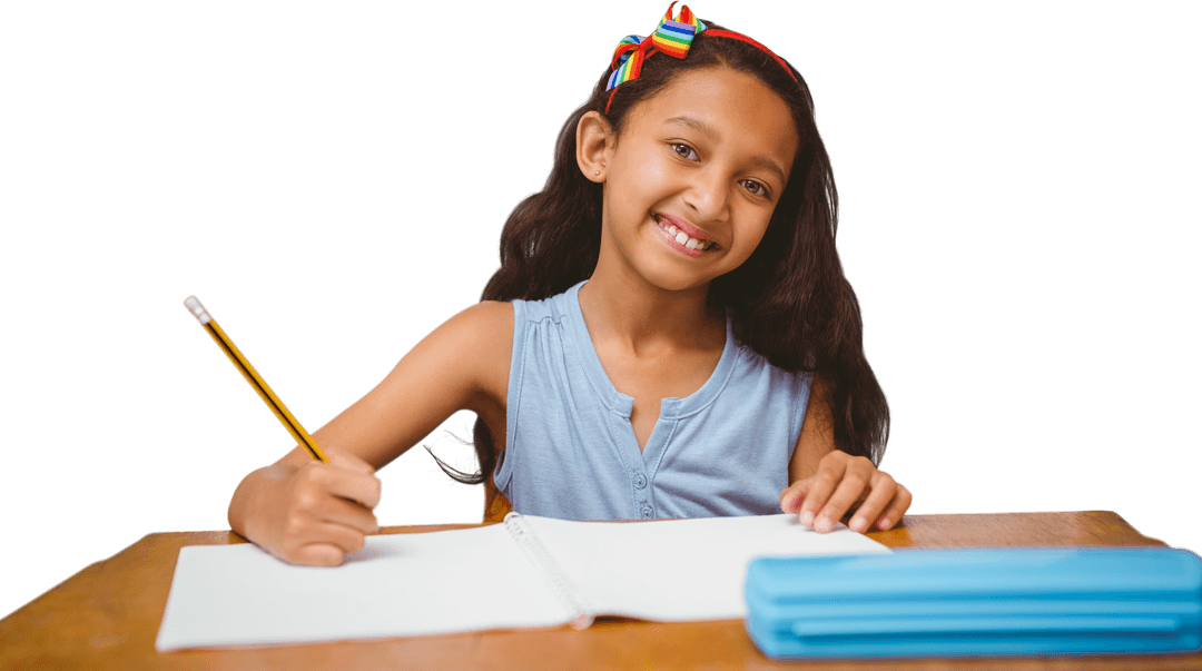 Happy Biracial Girl Writing in Notebook on Transparent Background