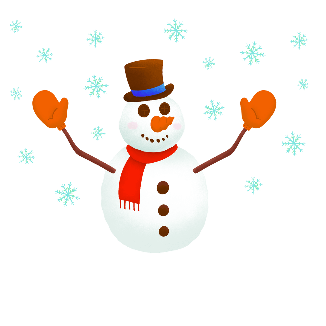 Cheerful Snowman with Red Scarf and Winter Snowflakes Transparent