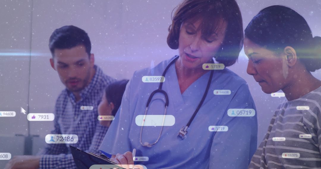 Medical Professionals Collaborating on Data in Modern Lab Environment