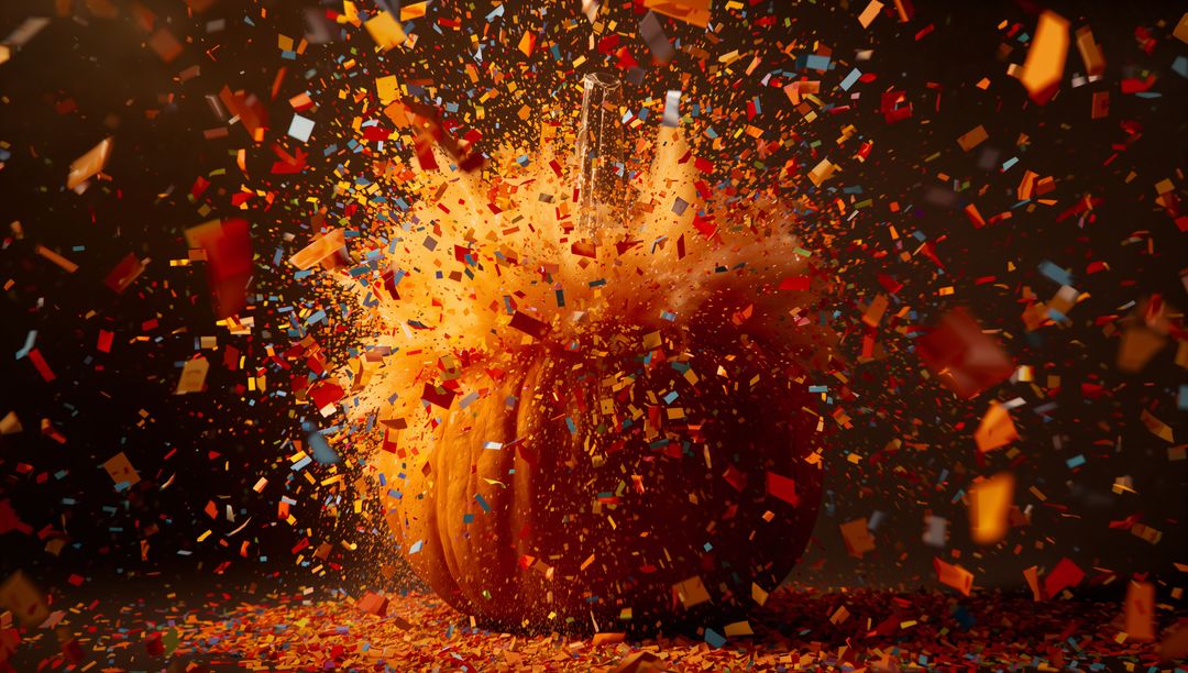 Erupting Pumpkin Explodes with Multicolored Confetti Festivity