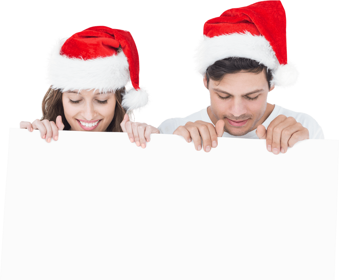 Couple in Santa Hats Holding Transparent Poster Template with Smiles