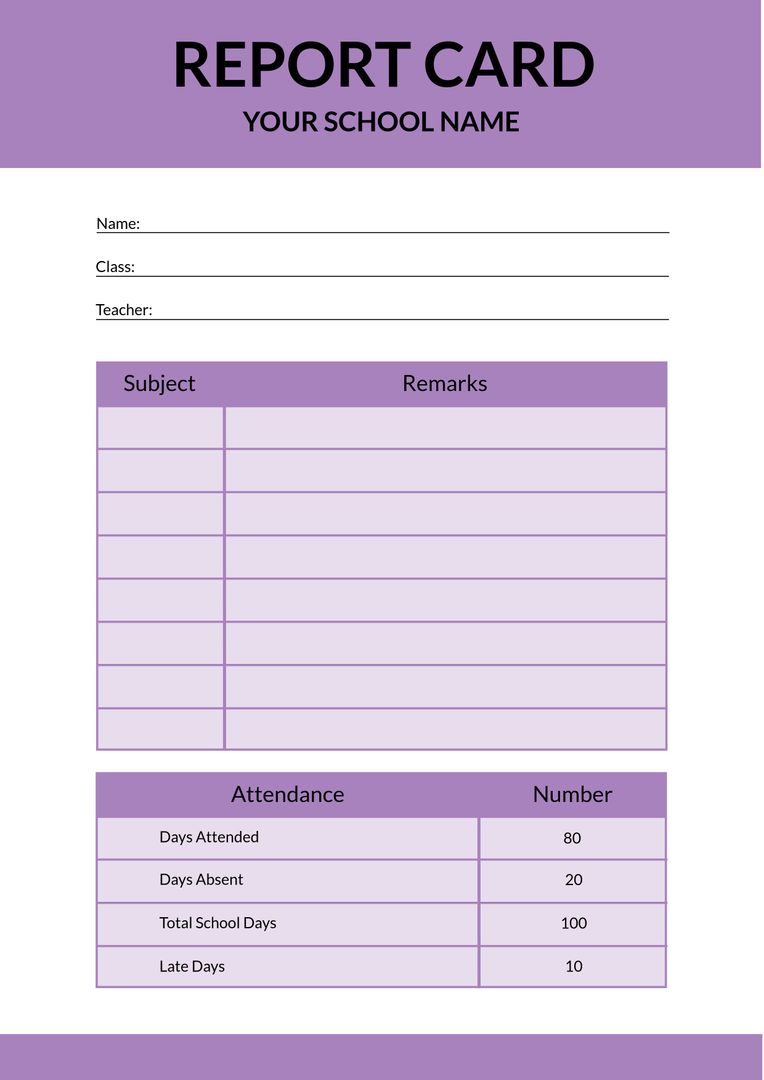 Purple-Themed School Report Card Template for Academic Evaluation - Download Free Stock Templates Pikwizard.com