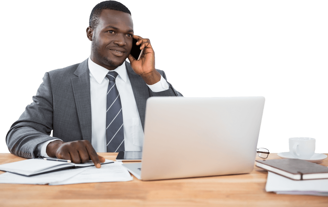 Transparent Businessman on Phone Working at Desk with Laptop