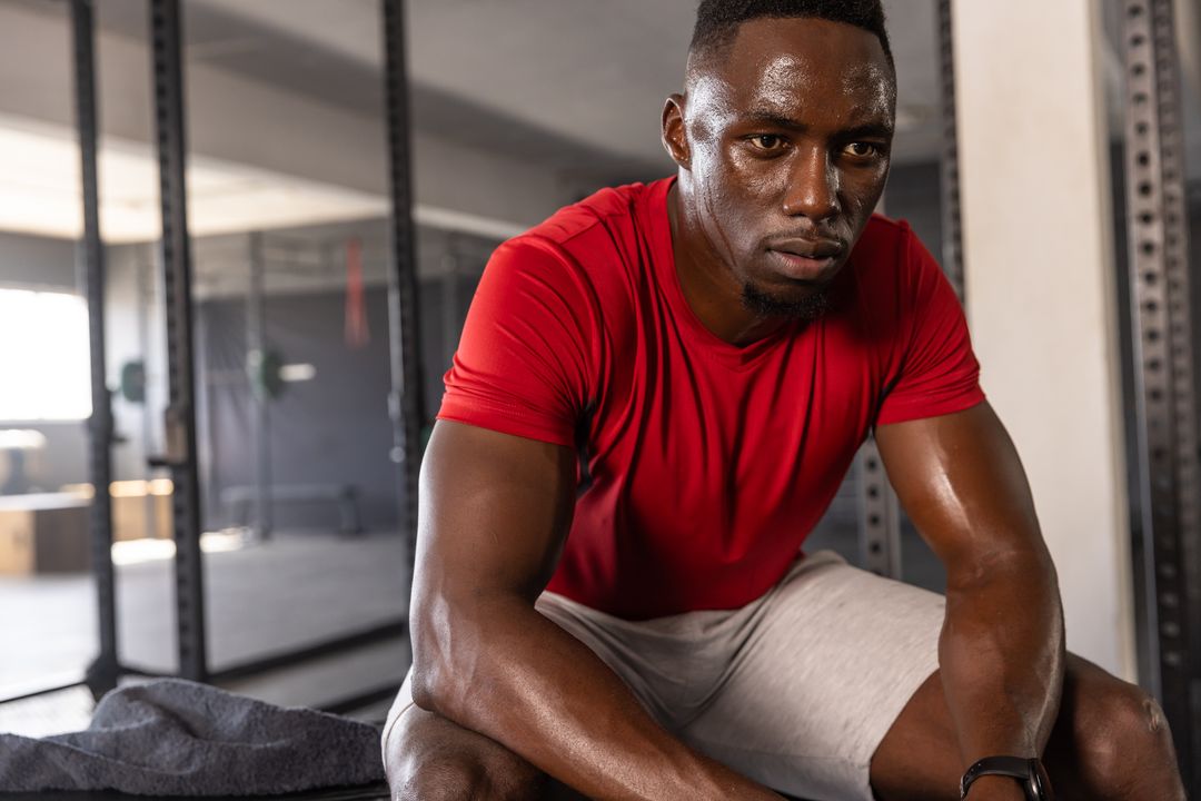 Athletic Man Resting After Intense Workout in Gym