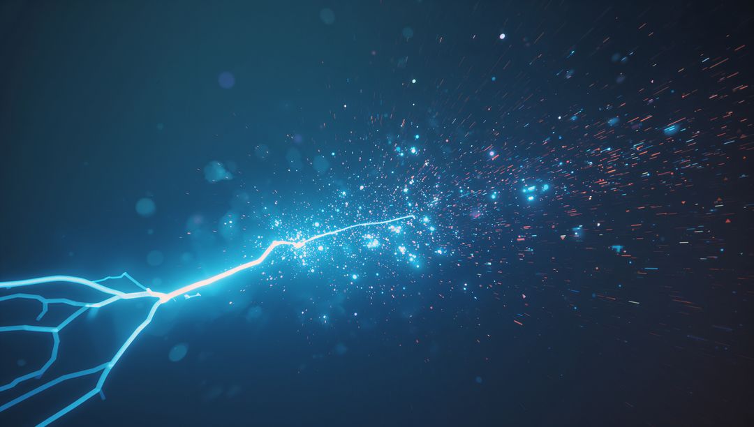 Dynamic Neon Blue Energy Bolt with Cosmic Sparks in Futuristic Setting