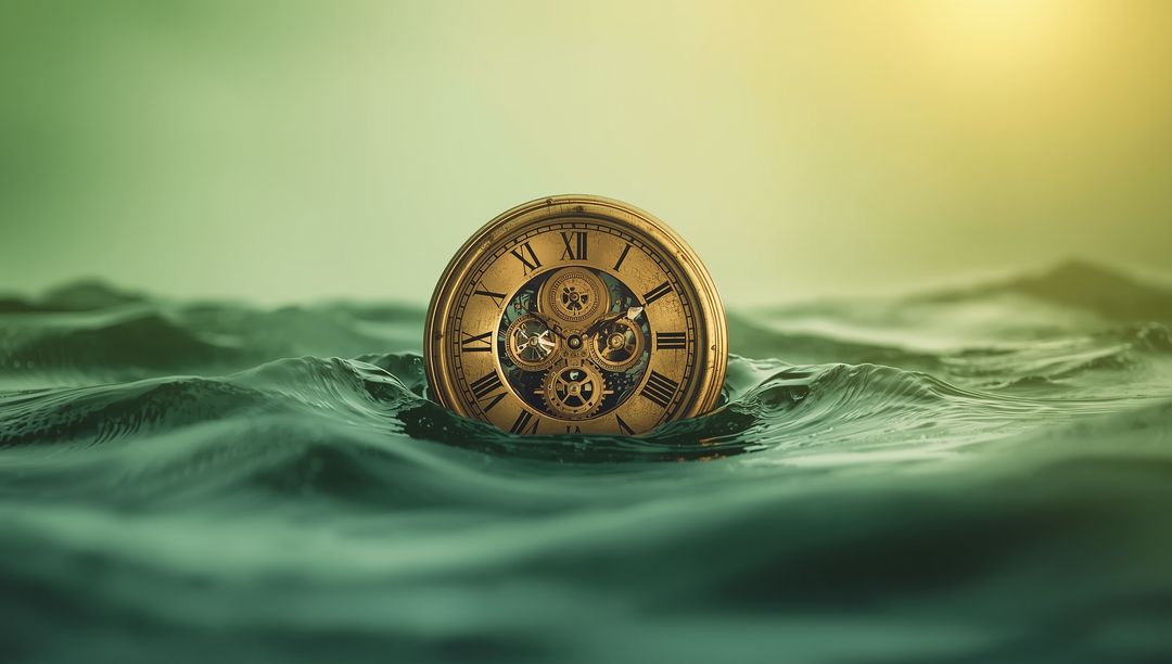 Steampunk Brass Clock Face Floating on Surreal Green Waves
