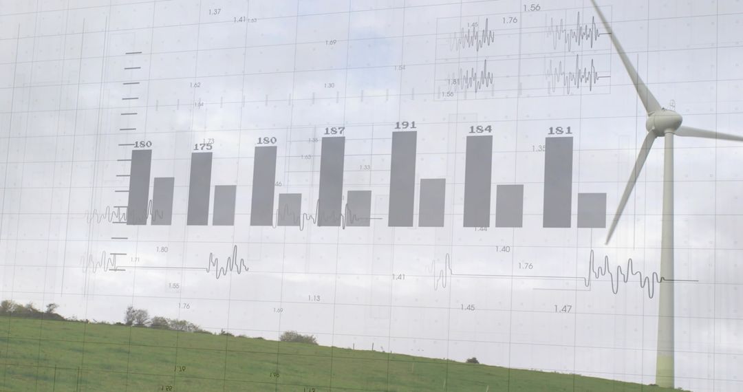 Wind Energy Data Visualization Showing Transparent Bar Chart Over Rural Meadow and Turbine