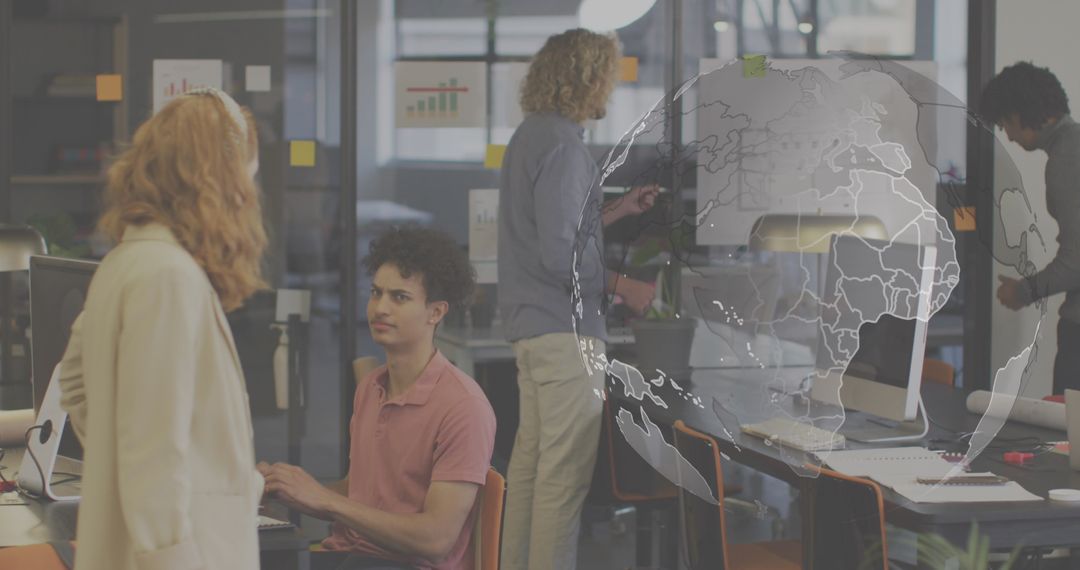 Digital Globe Overlays Diverse Team Collaborating in Modern Office