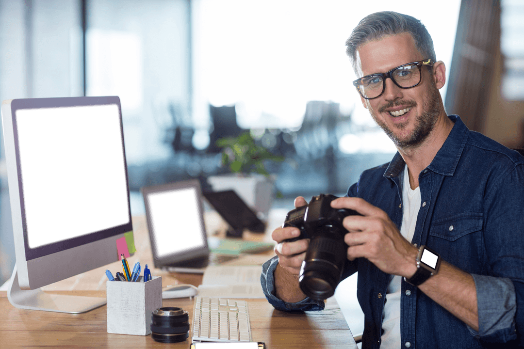 Transparent Background Smiling Man Holding Camera Desk Office