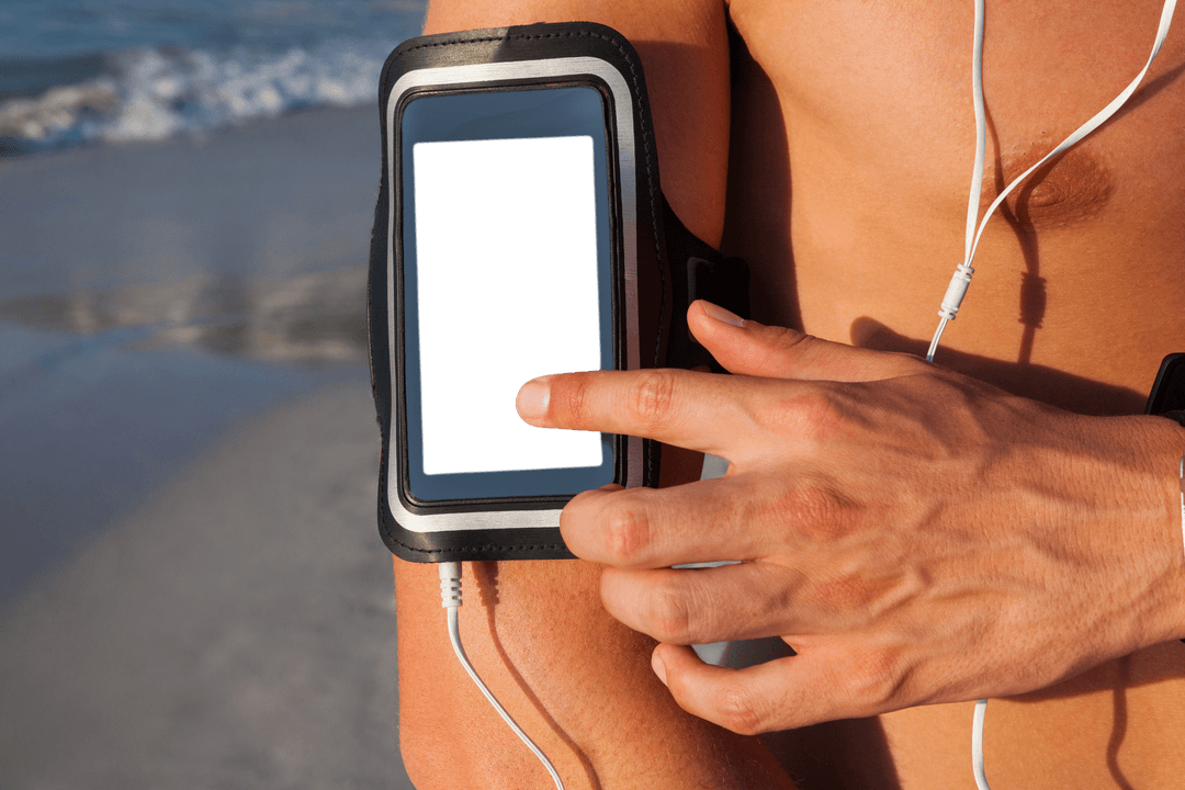 Transparent Workout Armband on Beach with Mobile