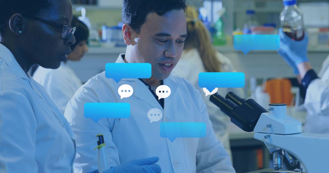Scientists Collaborating at Benchtop Microscope with Digital Chat Overlay Lab Communication
