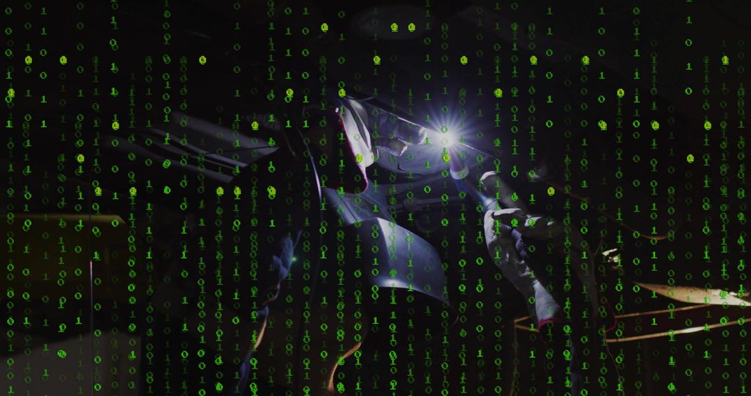 Female Welder Working in Workshop with Futuristic Binary Overlay