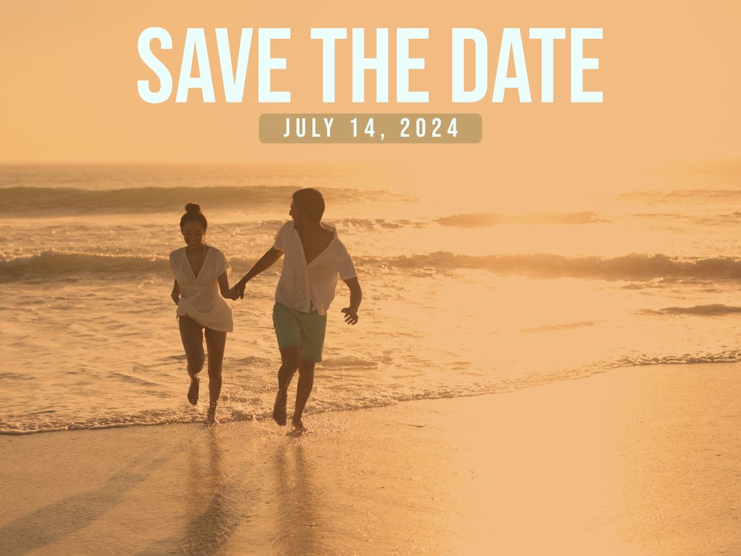 Romantic Couple Running on Beach at Sunset Save the Date Announcement - Download Free Stock Templates Pikwizard.com