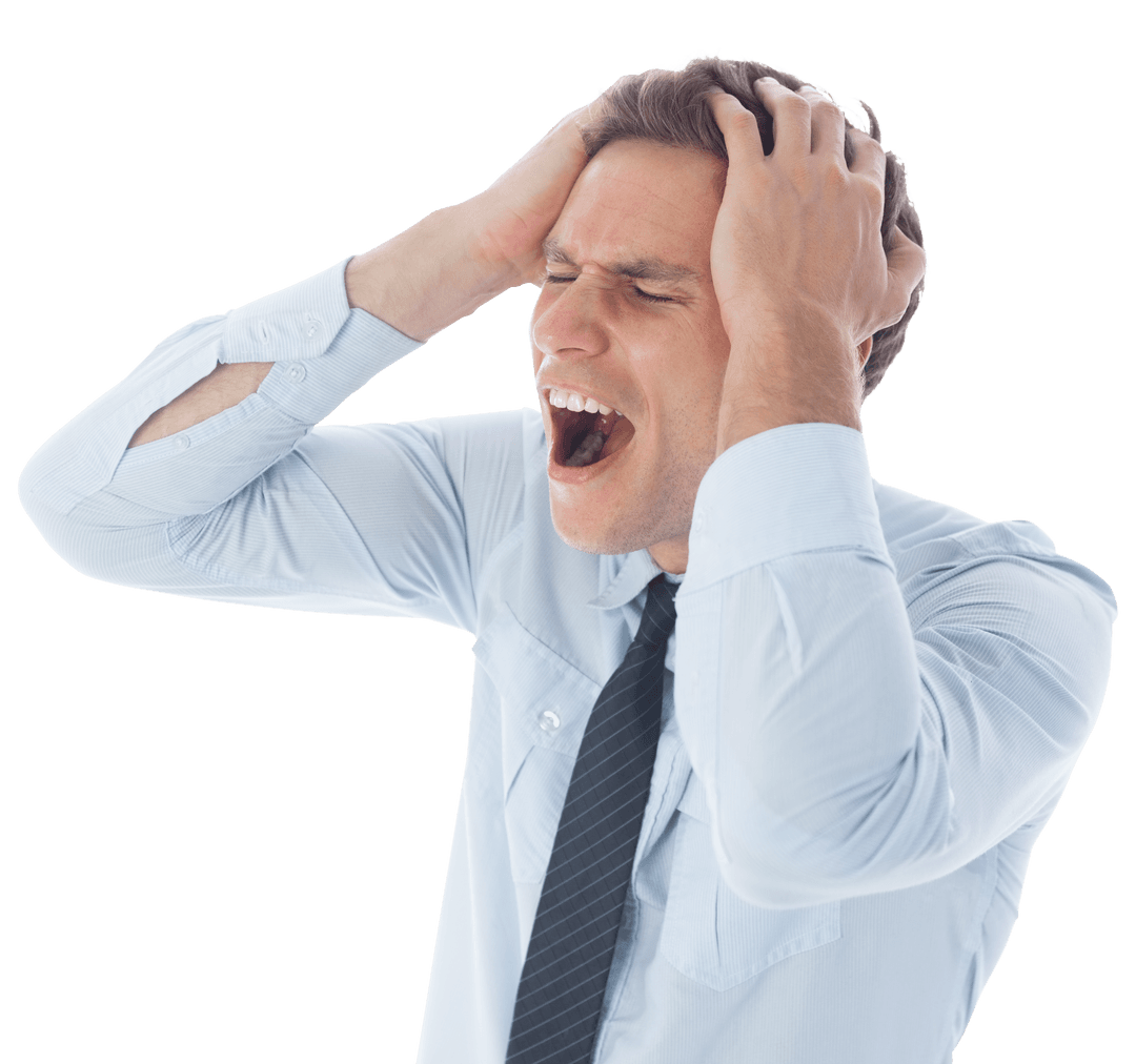 Frustrated Man in Office Attire Expressing Emotion with Hands on Head