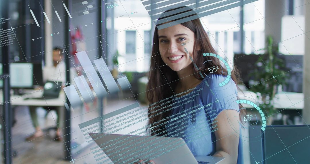 Smiling Professional Woman Engaging with Digital Analytics