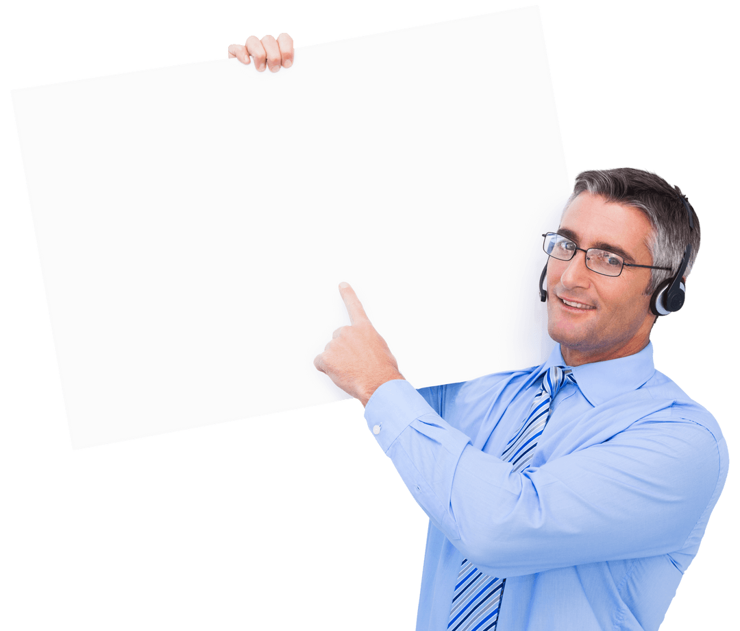 Businessman with Headset Holding Transparent Blank Board