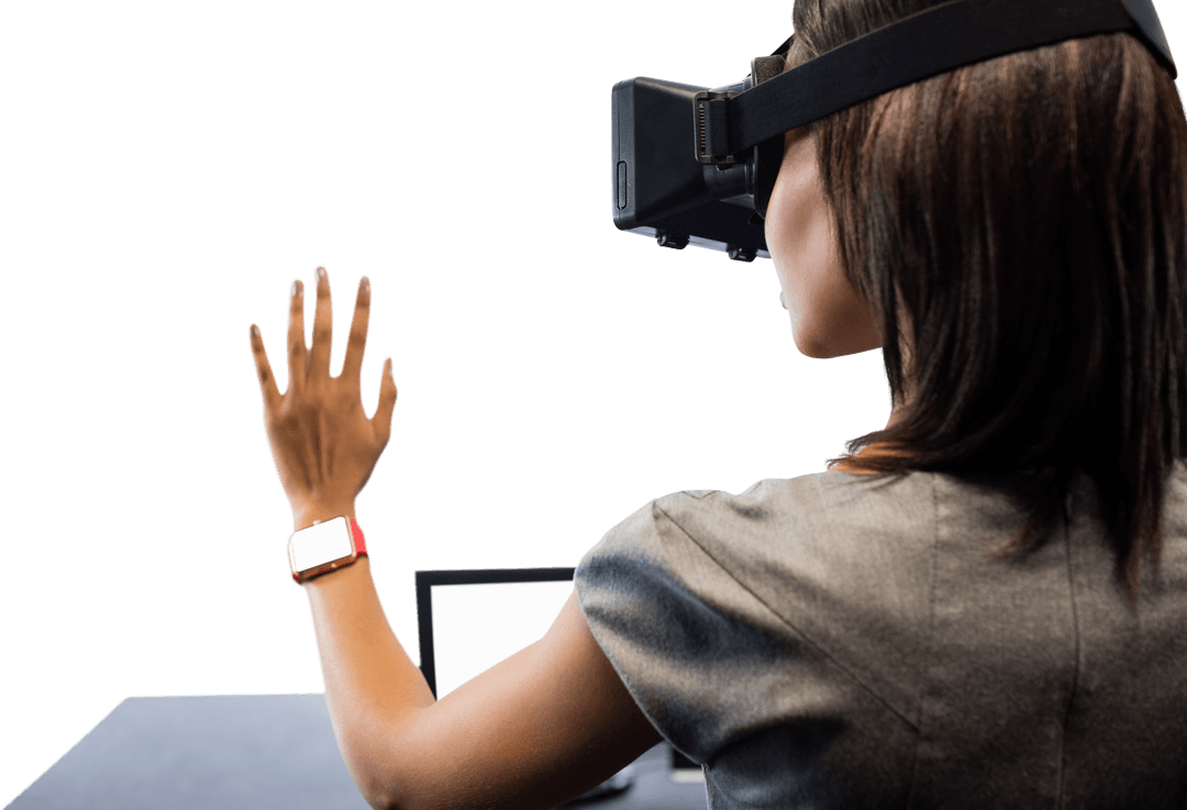 USEngaged Woman Using VR Headset and Transparent Digital Interface