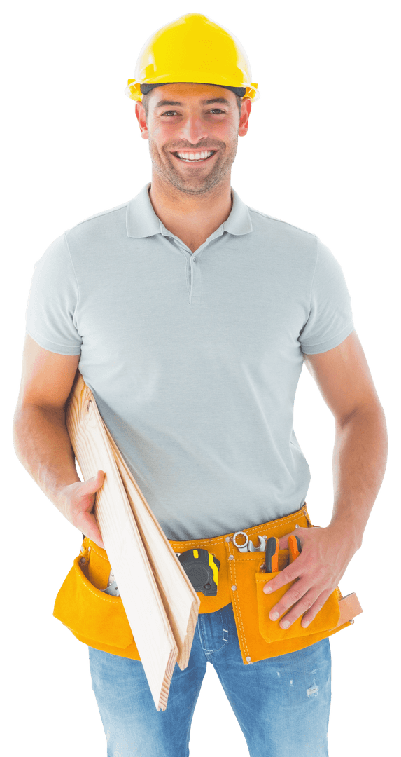 Confident Carpenter Holding Planks on Transparent Background