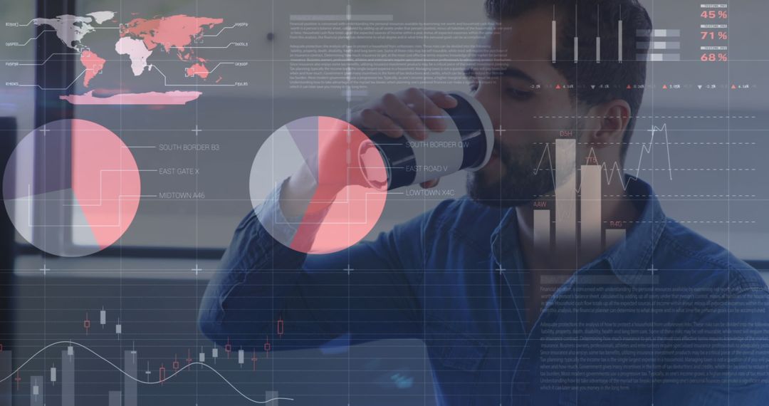 Businessman Analyzing Global Data While Drinking Coffee at Office Desk