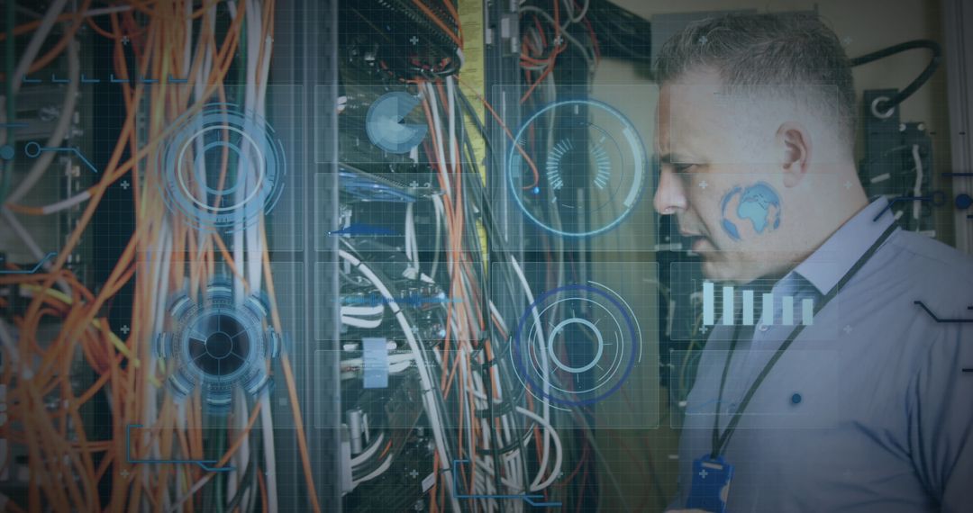 Technician Troubleshooting with Futuristic Digital Interface Overlay