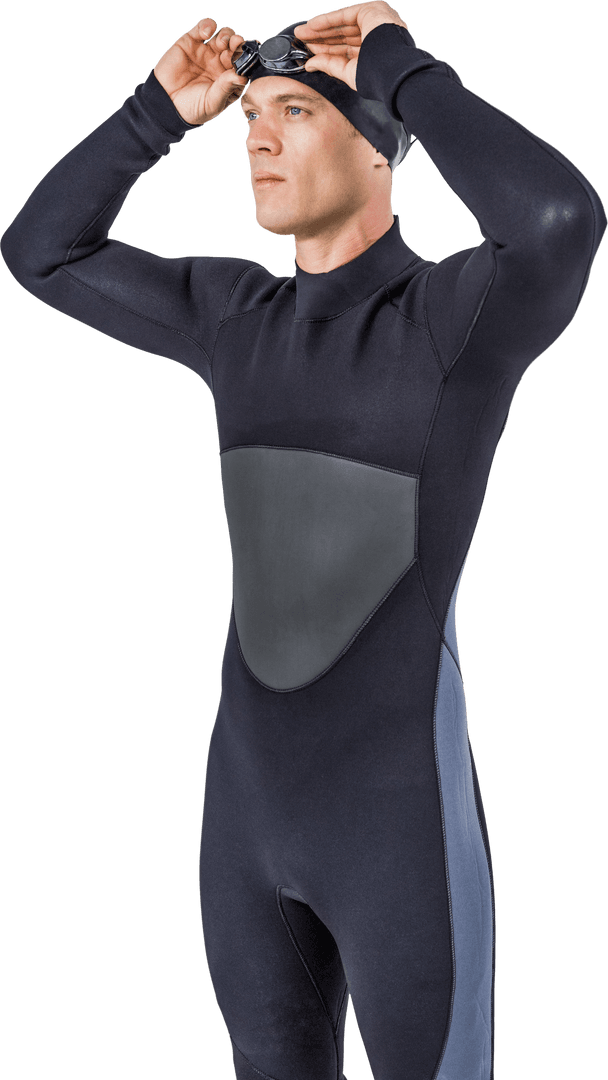 Confident Swimmer Wearing Black Wetsuit and Goggles Transparent