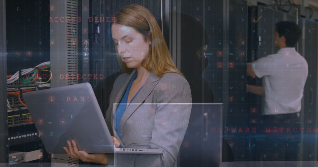 Female IT Expert Managing Cybersecurity with Laptop in Server Room - Free Images, Stock Photos and Pictures on Pikwizard.com