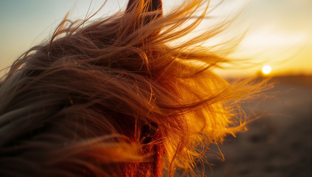 Wind-Driven Horse Mane in Glowing Sunset Light on Sandy Dune