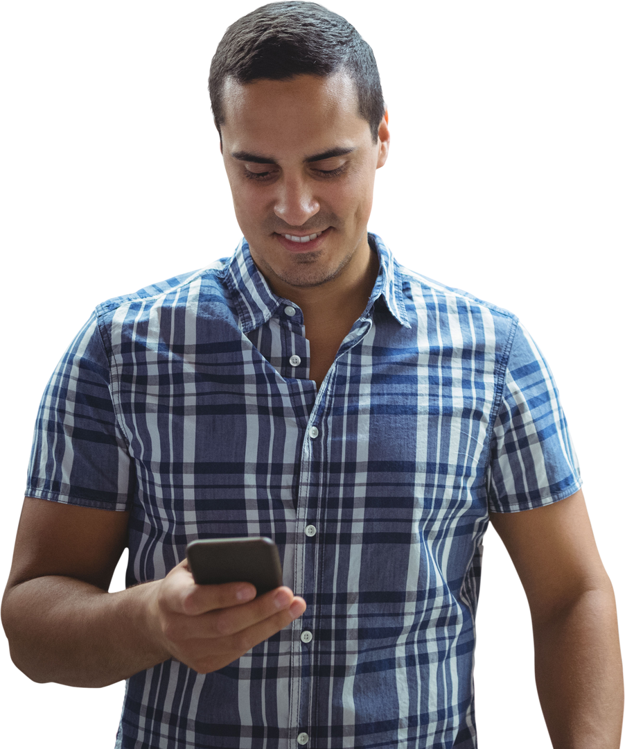 Young Man Using Mobile Phone Wearing Blue Plaid Shirt Transparent Background - Download Free Stock Images Pikwizard.com