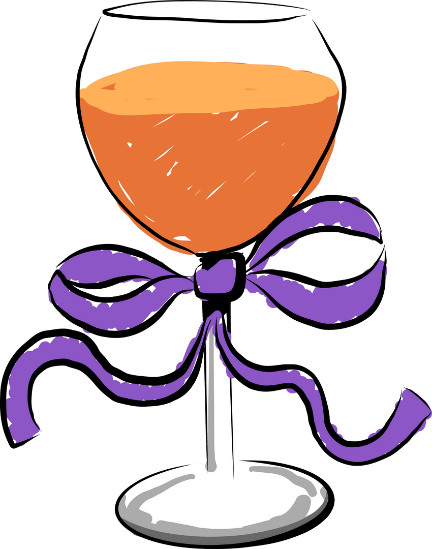 Flat Design Transparent Wine Glass with Orange Drink and Purple Ribbon