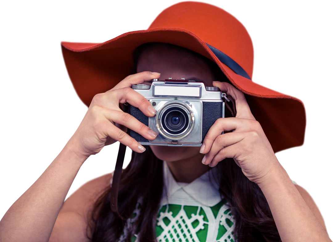 Fashionable Woman with Bold Hat Taking Photo Using Vintage Camera on Transparent Background - Download Free Stock Images Pikwizard.com