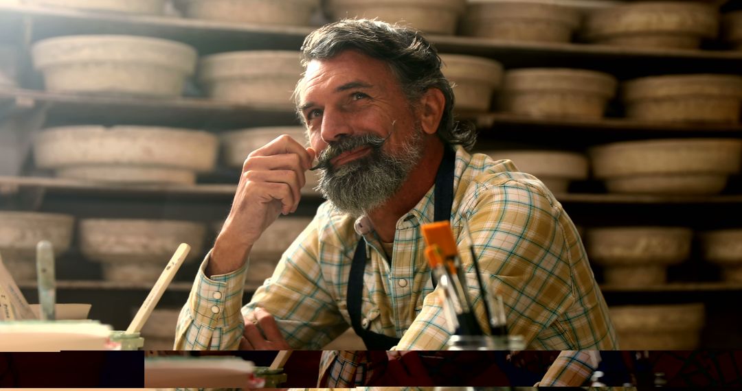 A bearded man takes pride in his cheese-making workshop. - Free Images, Stock Photos and Pictures on Pikwizard.com